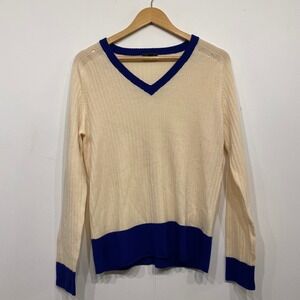 Faconnable Womens XL V-Neck Ribbed Cotton Sweater‎ Cream Blue Colorblock France